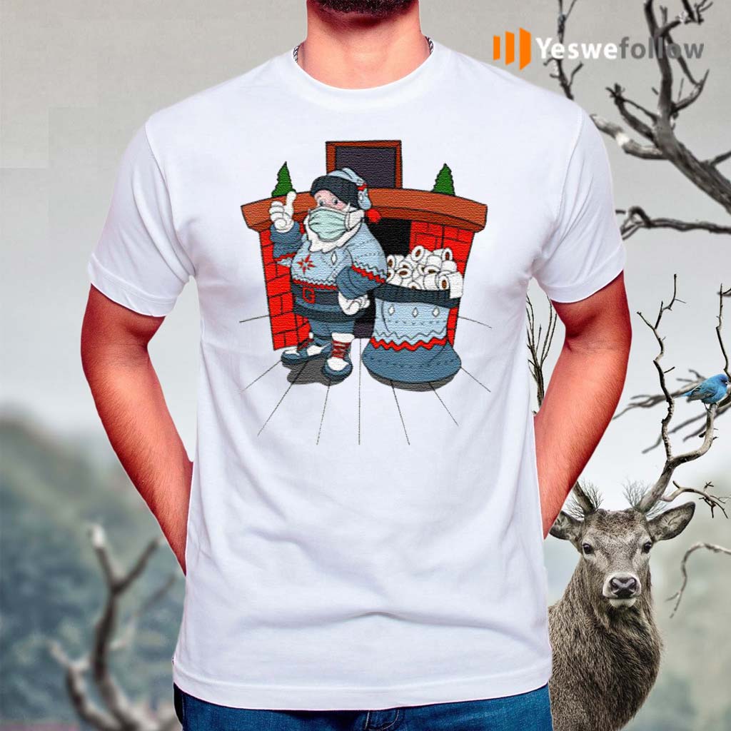 Santa-with-ugly-sweater-mask-and-a-bag-full-of-toilet-paper-t-shirts
