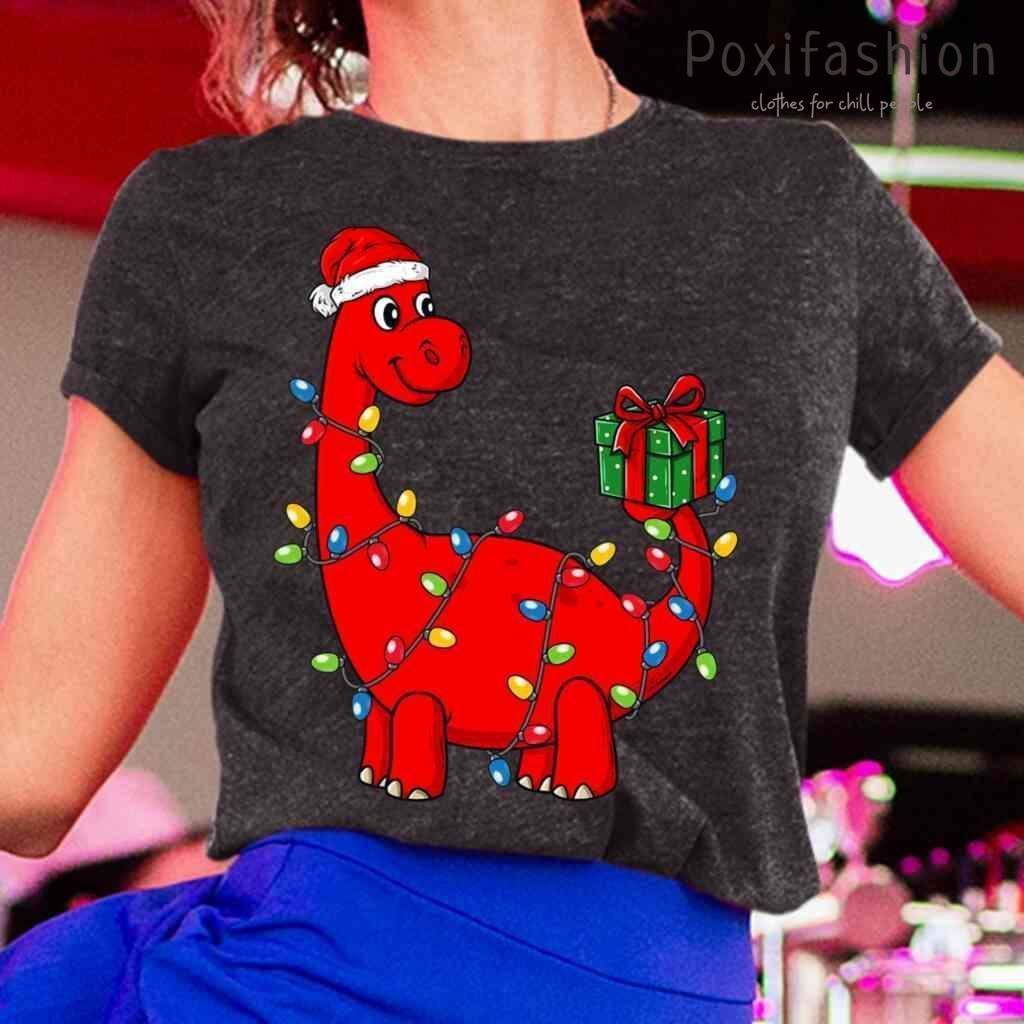 Christmas Dinosaur Rex With Lights Boys Xmas Tshirts Black
