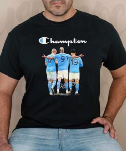 Champion Kevin Bruyne, Erling Haaland And Julian Alvarez Manchester City Fc 2023 Signatures TShirt