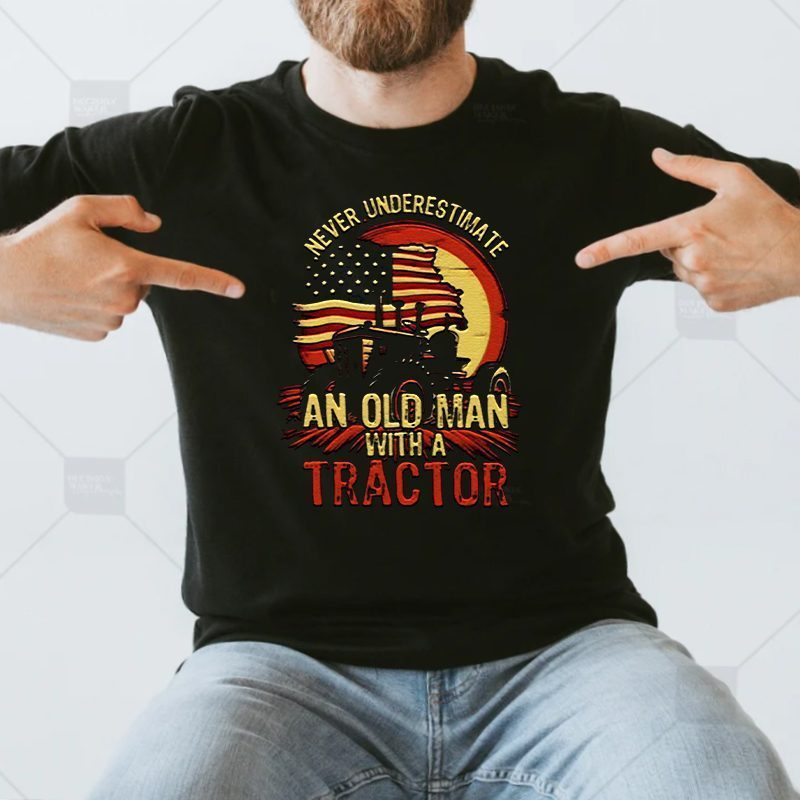 Never Underestimate An Old Man With A Tractor 4th Of July American Flag Shirt