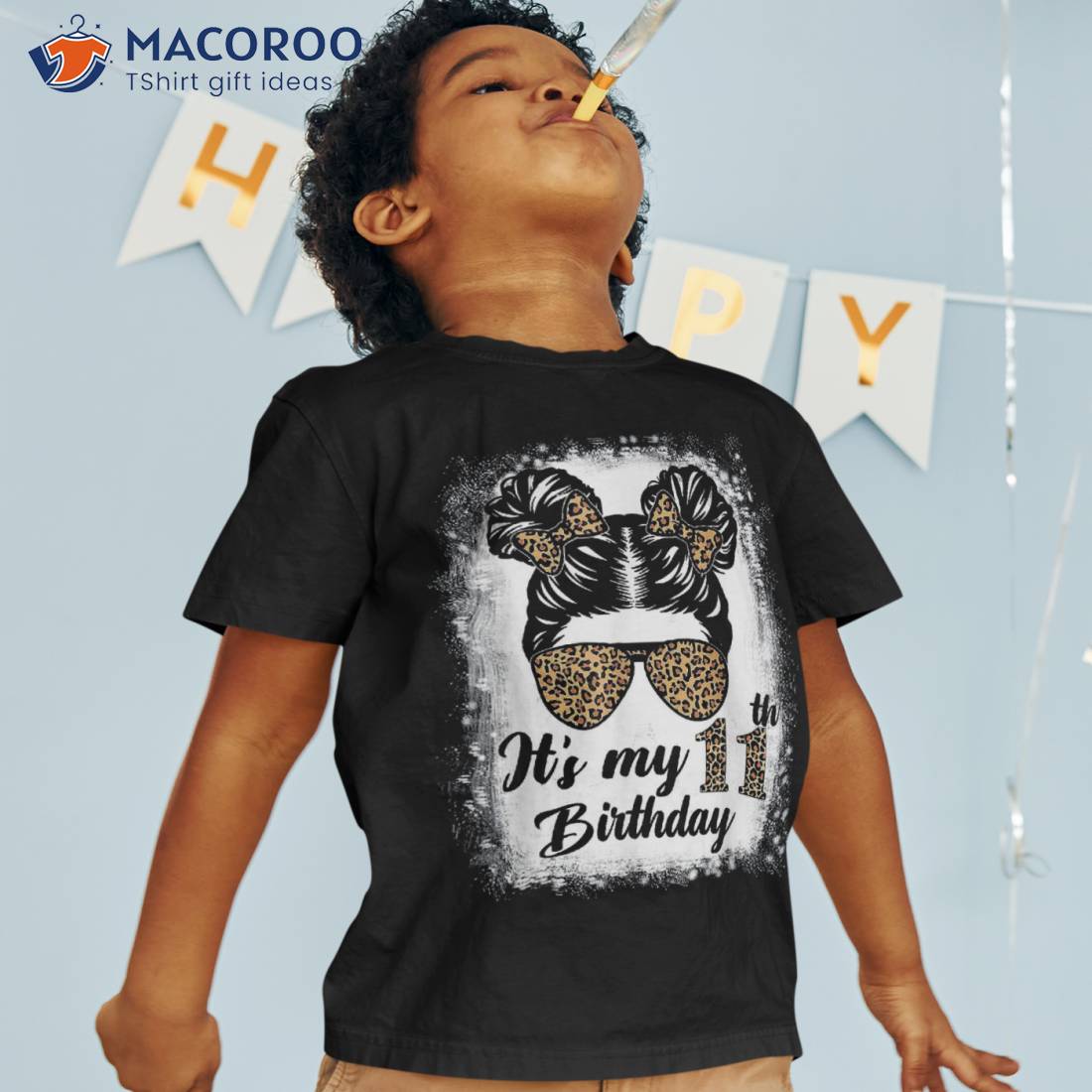 11 Years Old Messy Bun Girl Leopard It's My 11th Birthday Shirt