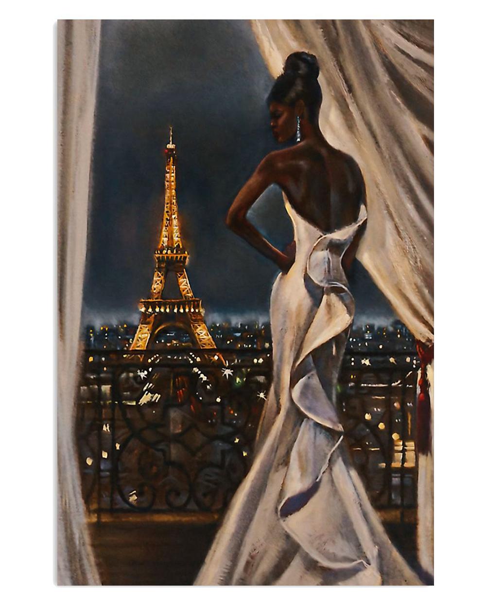 African American Afro Juneteenth Day Black Woman Watching Eiffel Poster