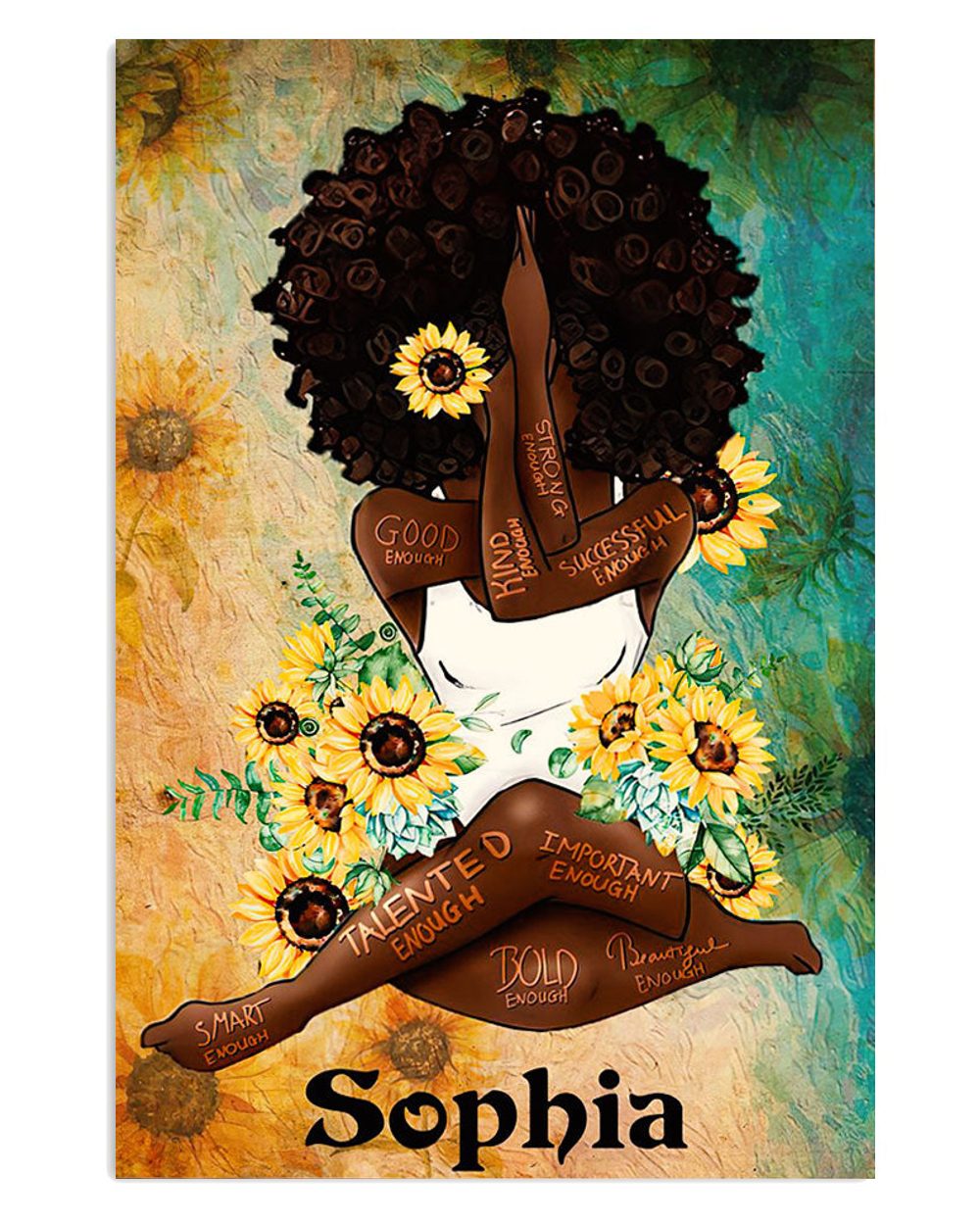 African American Afro Juneteenth Day Room Personalized Name Yoga Sunflower Poster