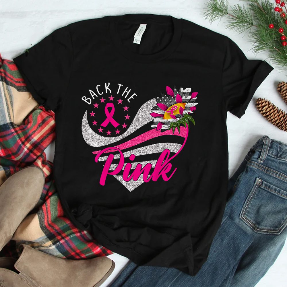 Back The Pink Ribbon Sunflower Heart Breast Cancer Awareness Shirt