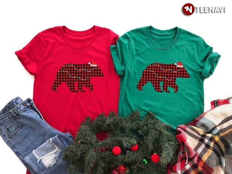 Bear Christmas Shirt, Funny Bear With Santa Hat Xmas Lights