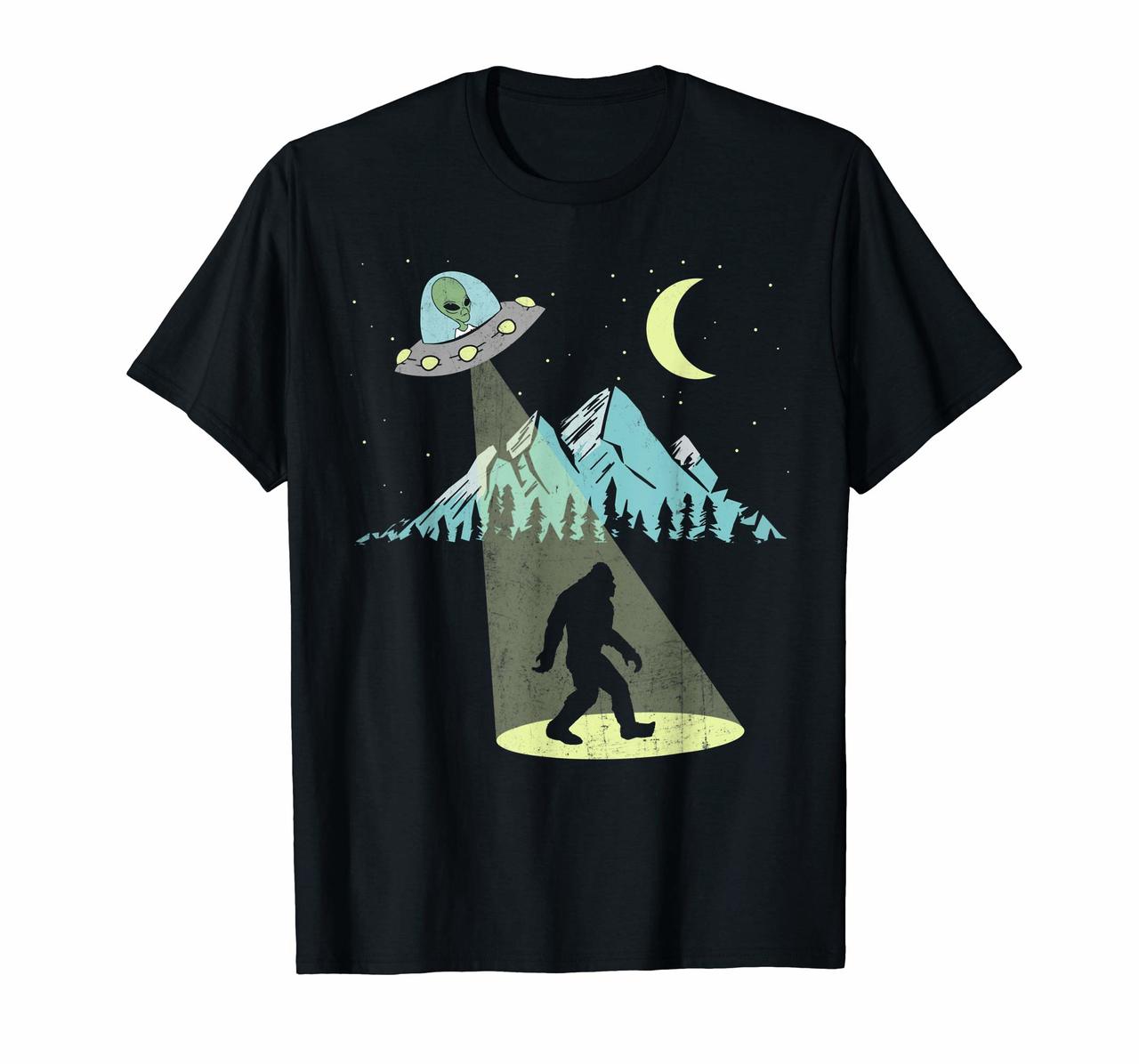 Bigfoot UFO Abduction - BELIEVE T-Shirt - Moon  Mountain Hoodies