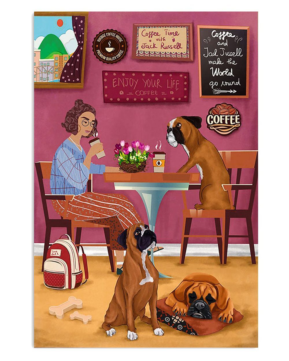 Boxer Girl Drinks Coffee With Dog Brindle Boxador Puppies Lover Poster