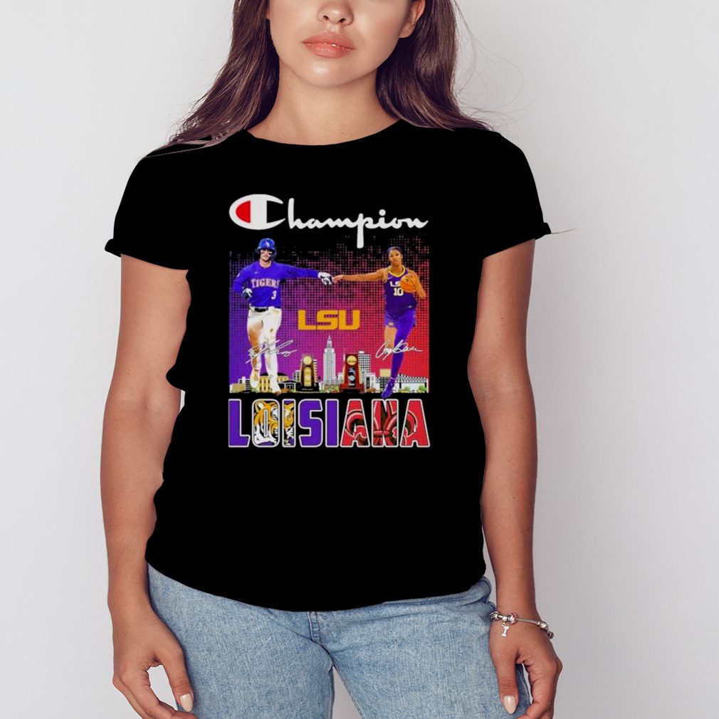 Champion Dylan Crews And Angel Reese Louisiana Lsu Tiger Skyline Signatures Shirt