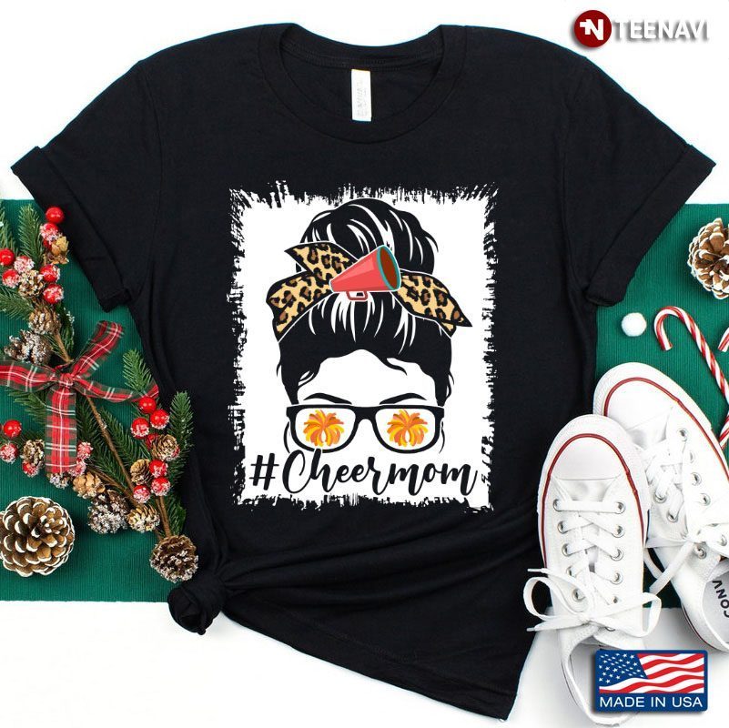 Cheer Mom Messy Bun Girl With Leopard Headband And Glasses for Mother's DayShirt
