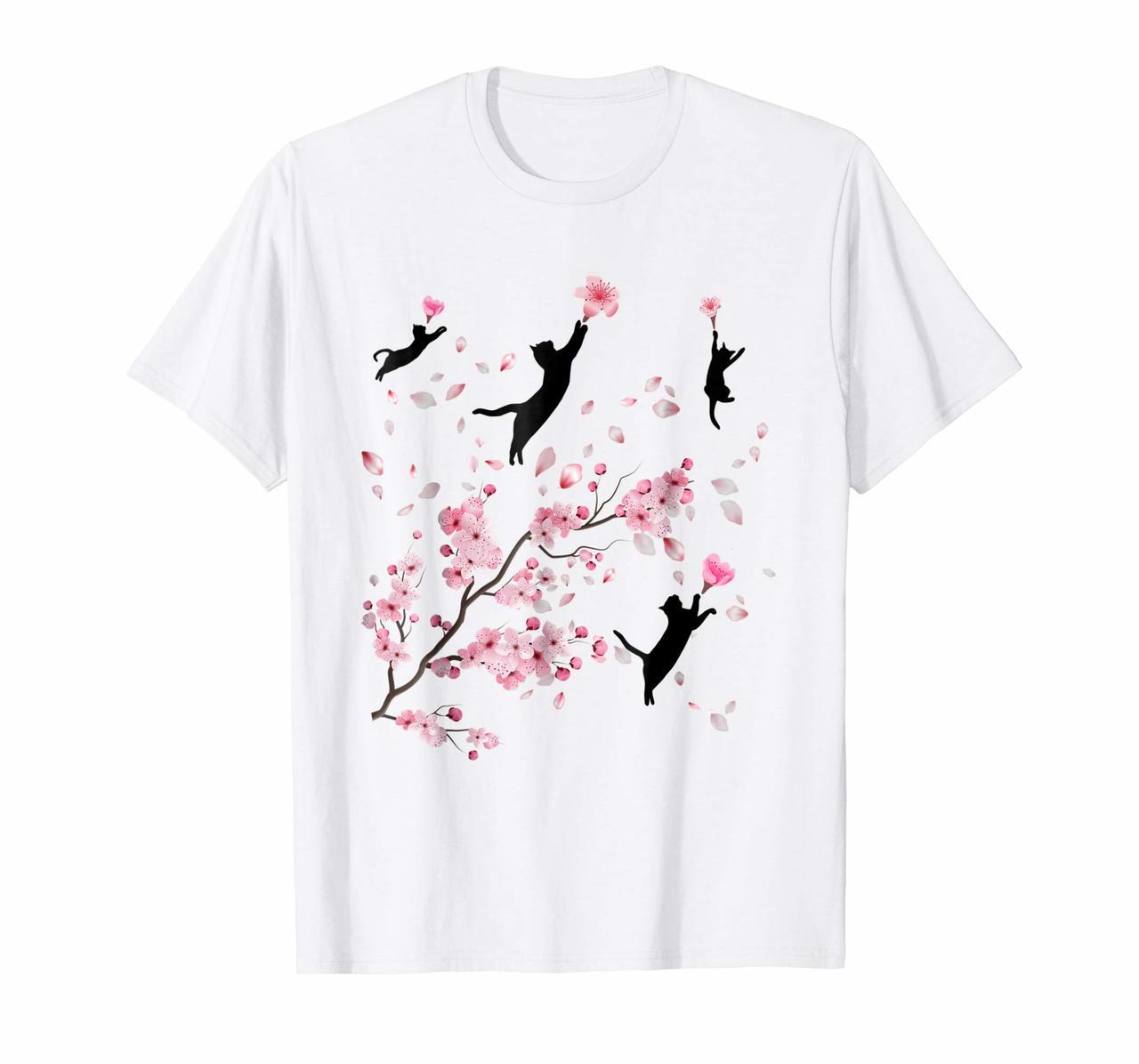 Cherry Blossom Cat T-Shirt Gift For Men Women Cat Lovers Hoodies