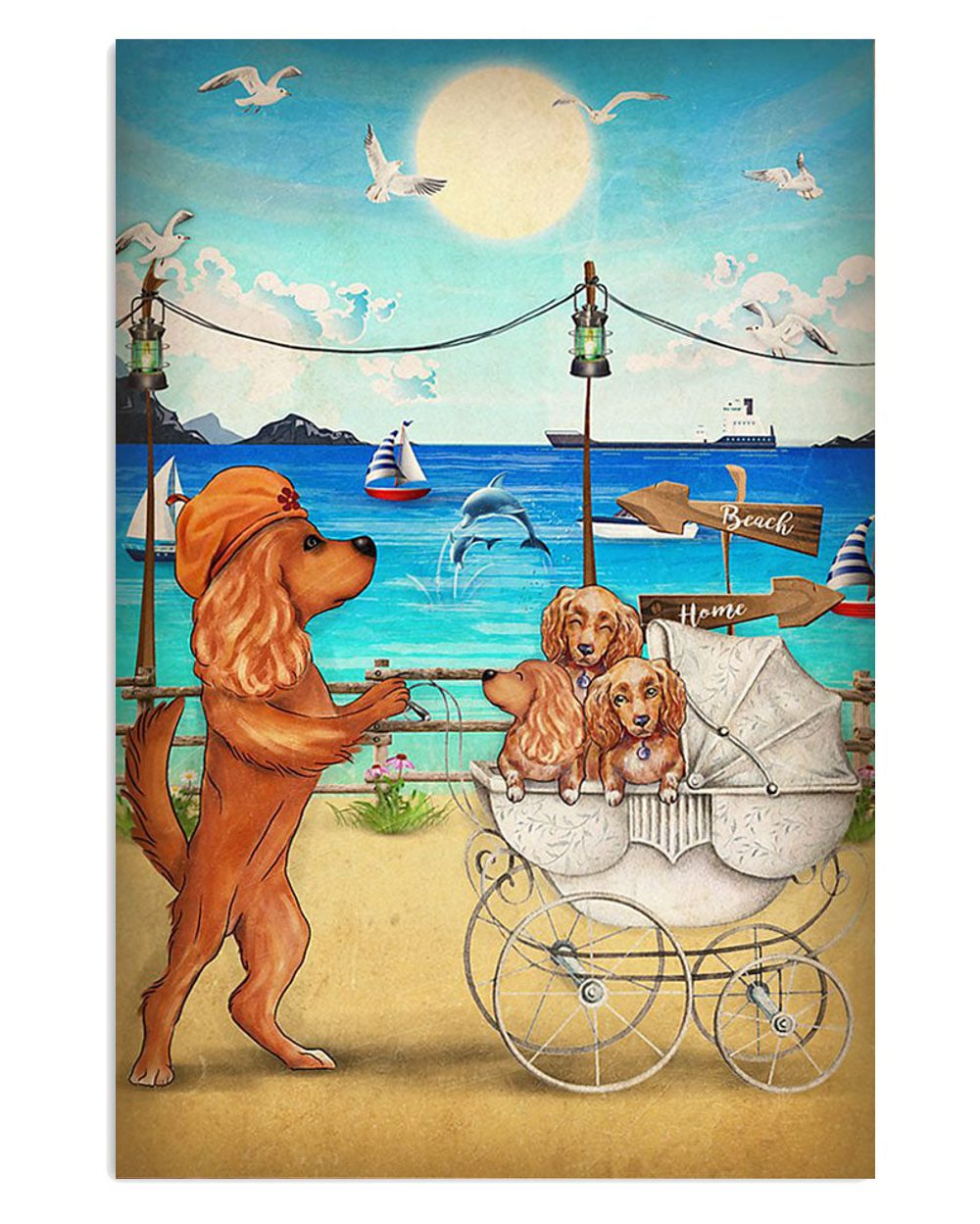 Cocker Spaniel Dog Mom And Puppies In The Beach Poster