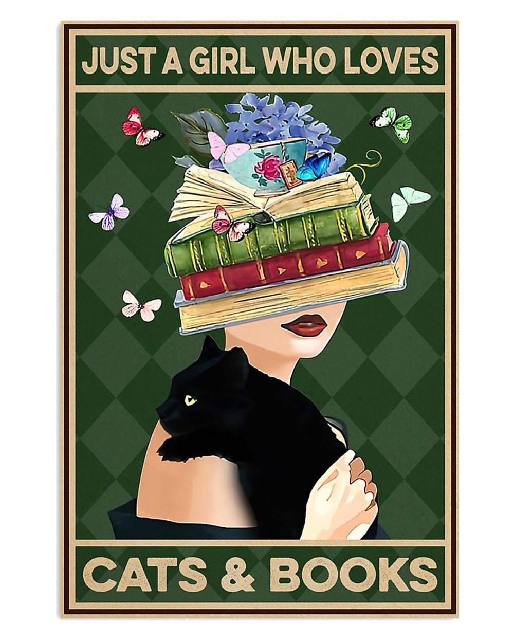 Cute Cat Girl Loves Black Cat And Books Cat Kitties Lover Poster