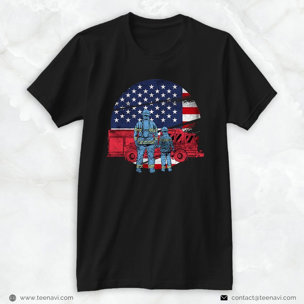 Firefighter Dad Shirt, American Flag And Fire Truck for PatriotsShirt