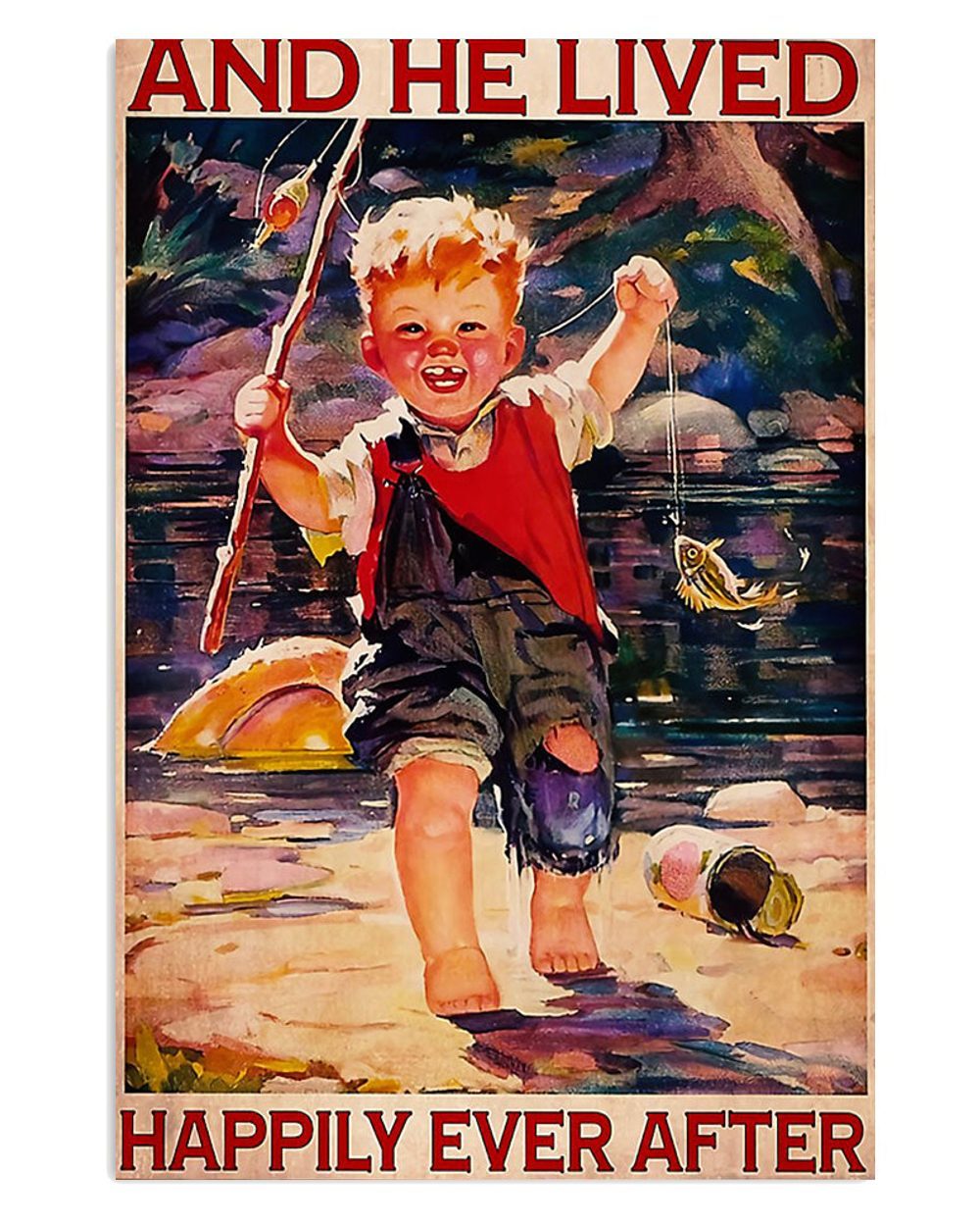 Fishing Room Prints He Lived Happily Vintage Poster