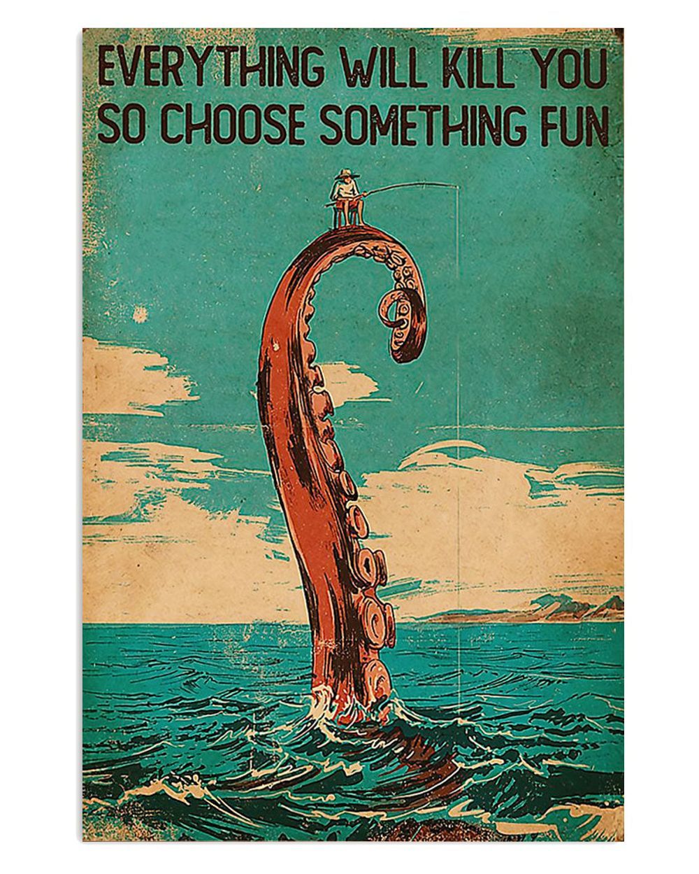 Fishing Room Prints Man Octopus Vintage Poster