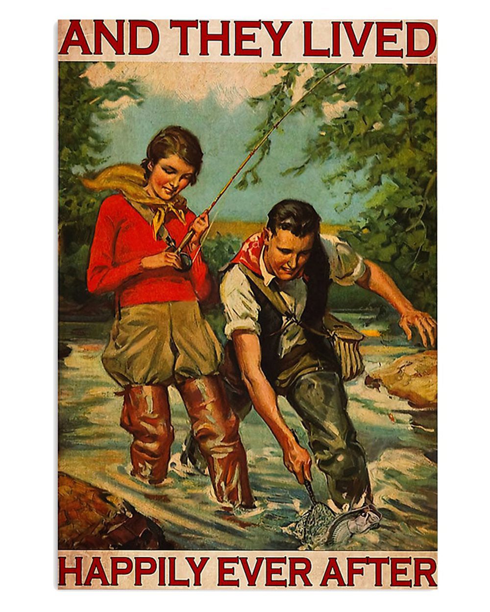 Fishing Room Prints They Lived Happily Vintage Poster