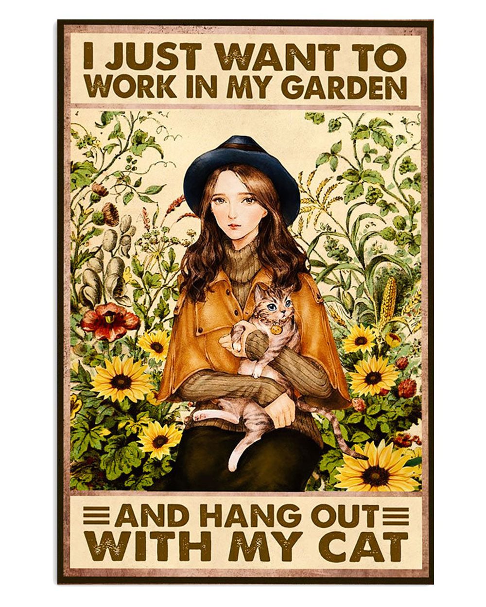 Gardening Girl And Cat In Garden Gift For Gardener Plants Lover Poster