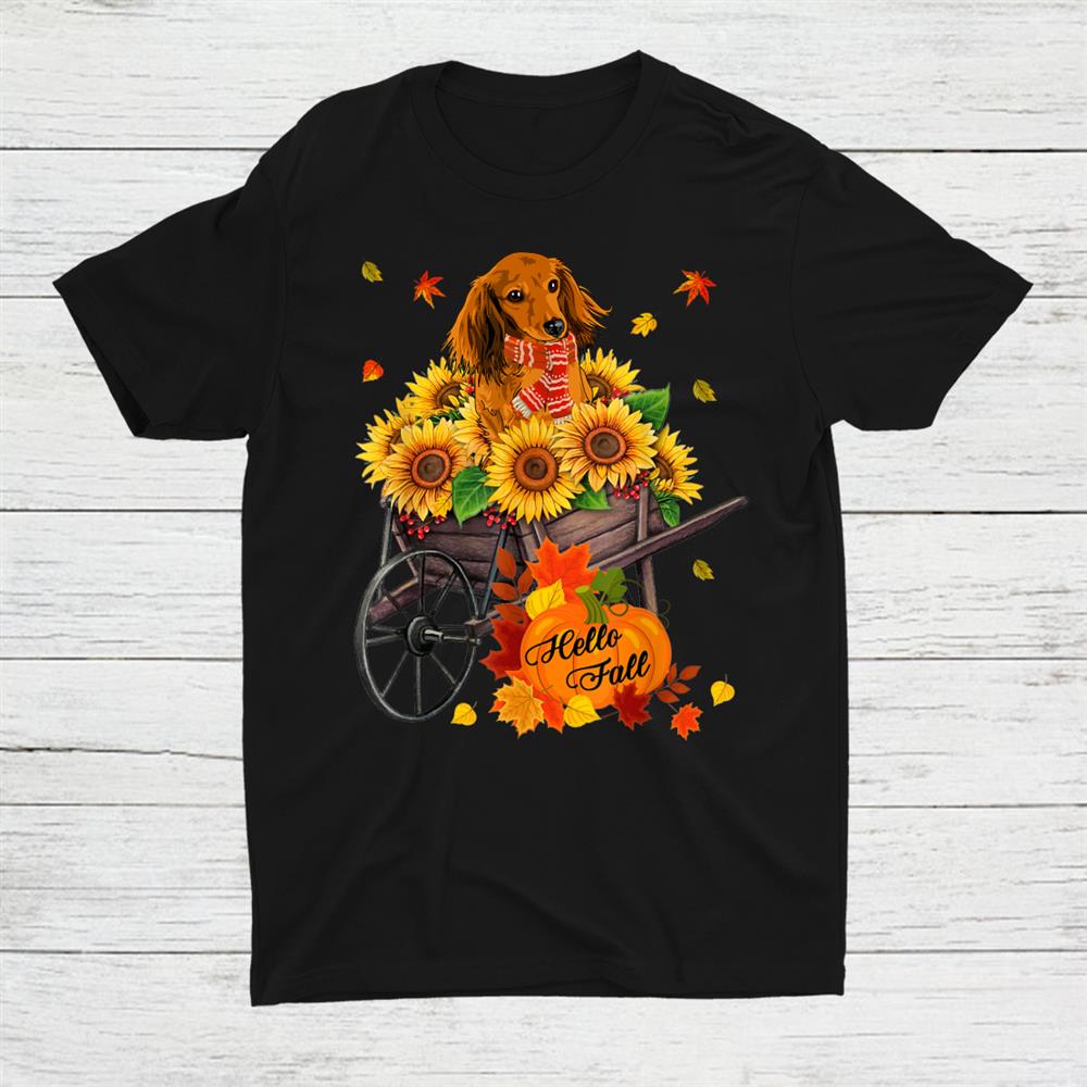 Hello Fall Dachshund Dog In Sunflowers Leaves Autumn Wiener Shirt