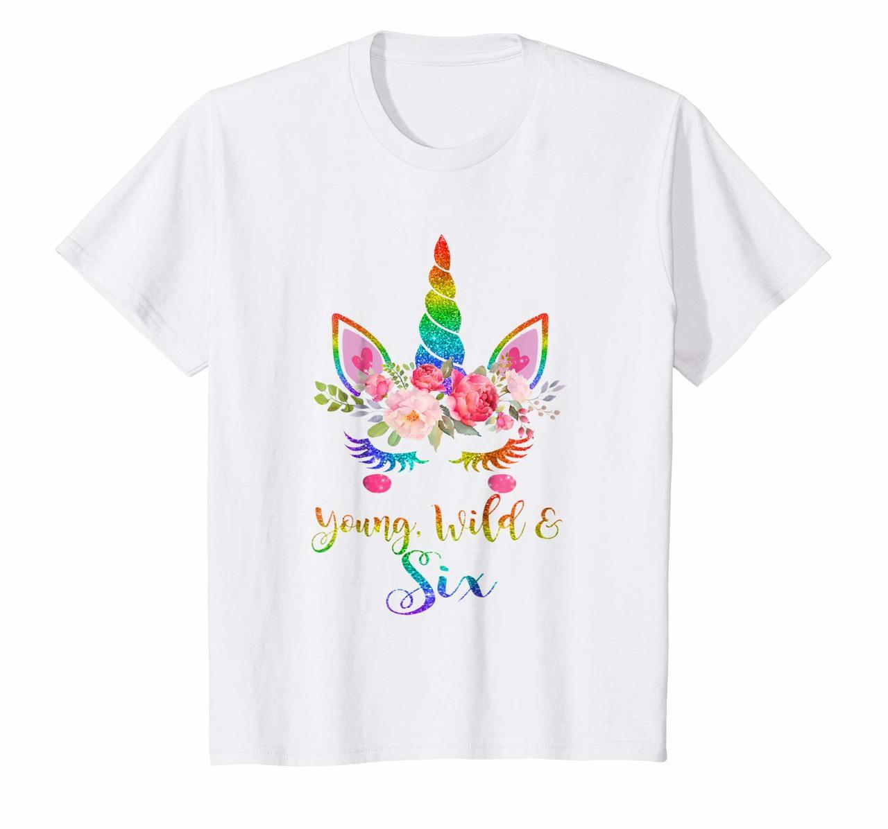 Kids Cute Unicorn Girl 6th Birthday Tshirt  Young Wild  Six Hoodies