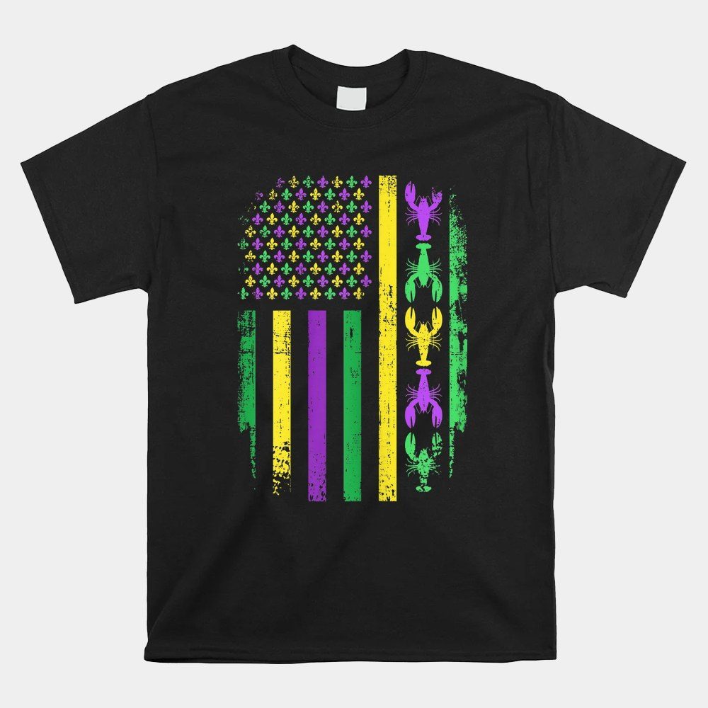 Mardi Gras Us American Flag With Crawfish New Orleans Shirt