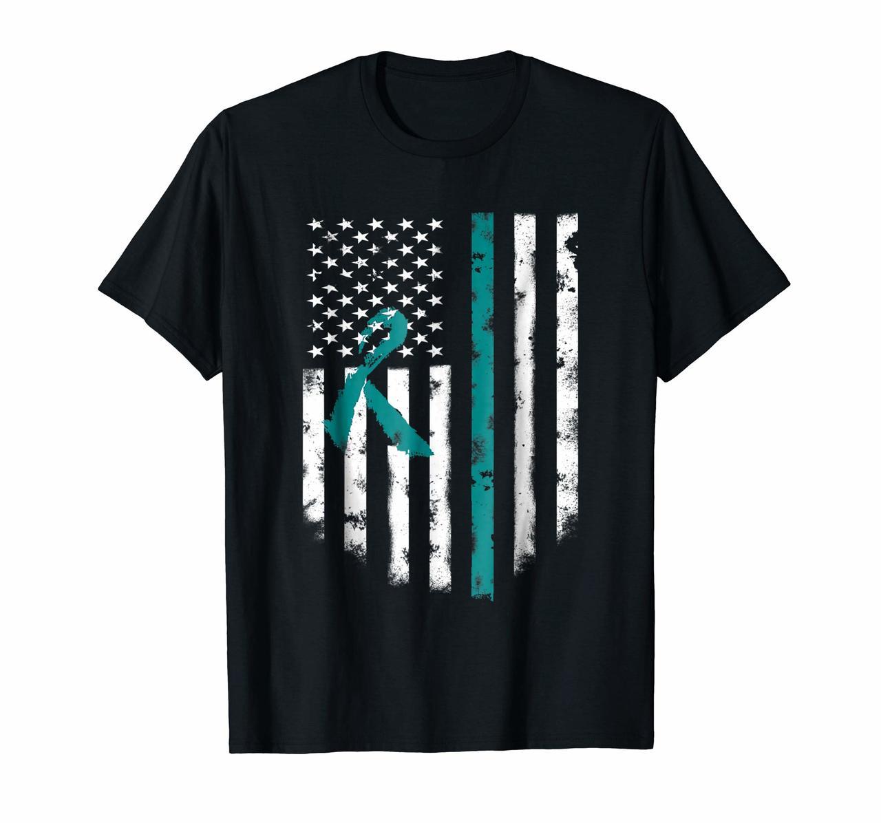 Ovarian Awareness T-shirt American Flag Teal Ribbon Top Tee Hoodies