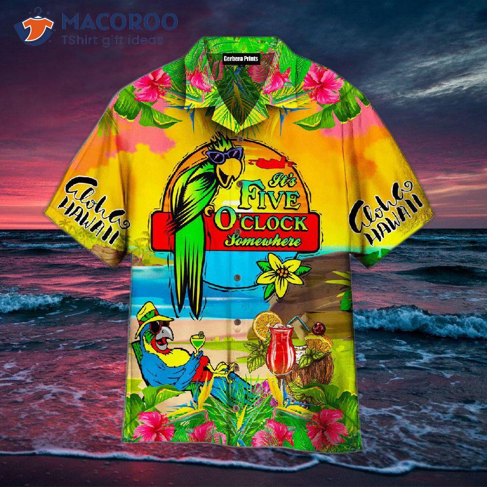 Parrot, Tropical Flower, It's Five O'clock Somewhere, Yellow Hawaiian Shirts.