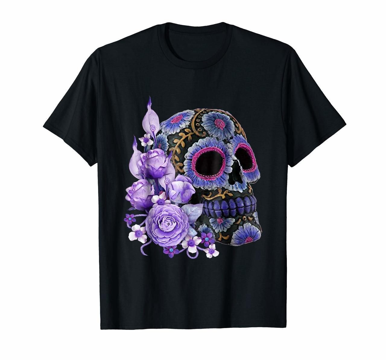 Purple Floral Black Sugar Skull Day Of The Dead T Shirt Hoodies