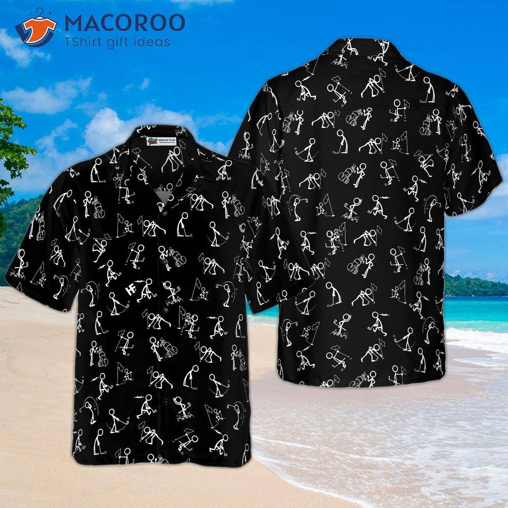 Stick Figures Playing Golf On A Black Background Wearing Hawaiian Shirts.