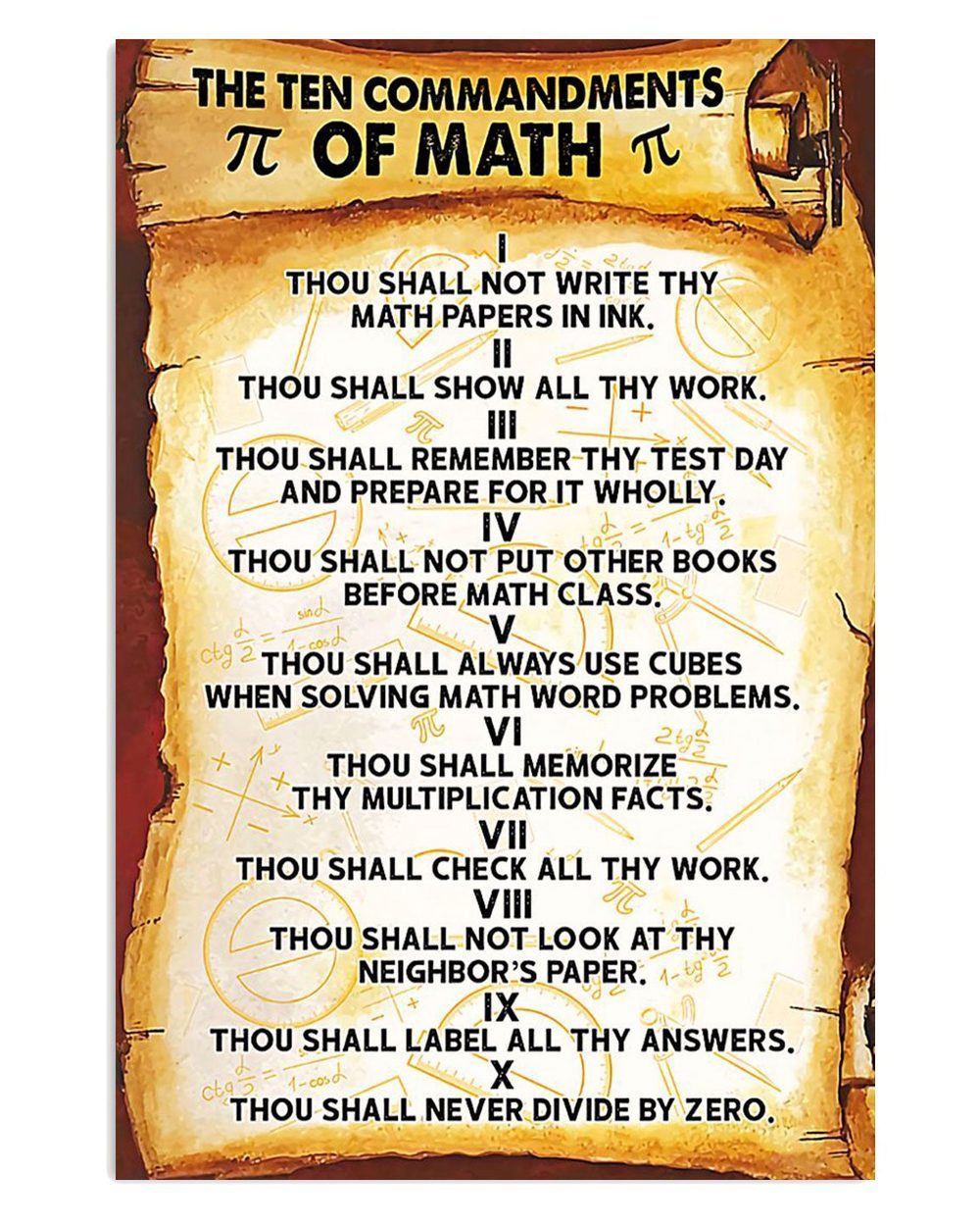 Teacher Classroom Ten Commandments Of Math Back To School Poster