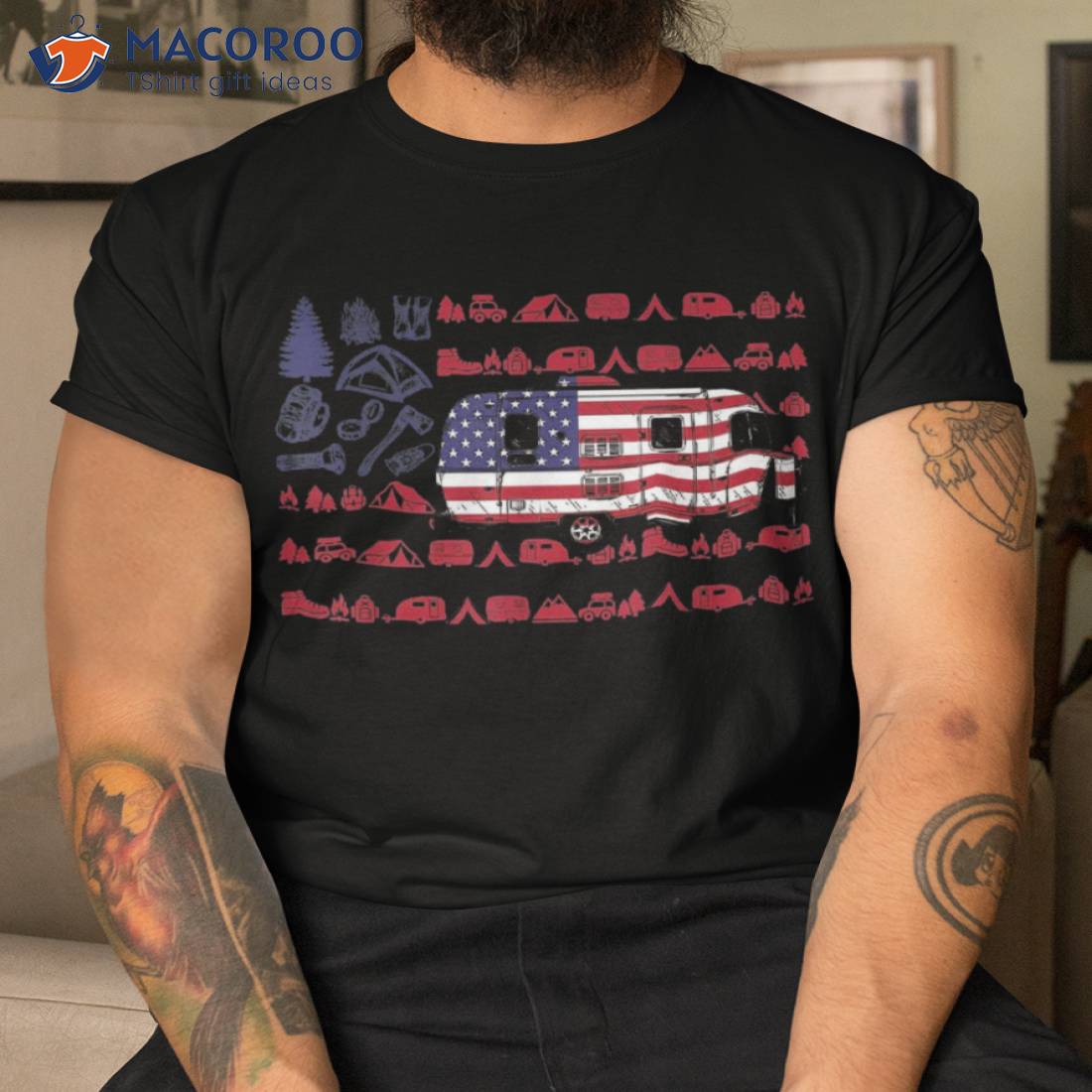 Tent Camper Van American Flag Camping 4th Of July Tshirt