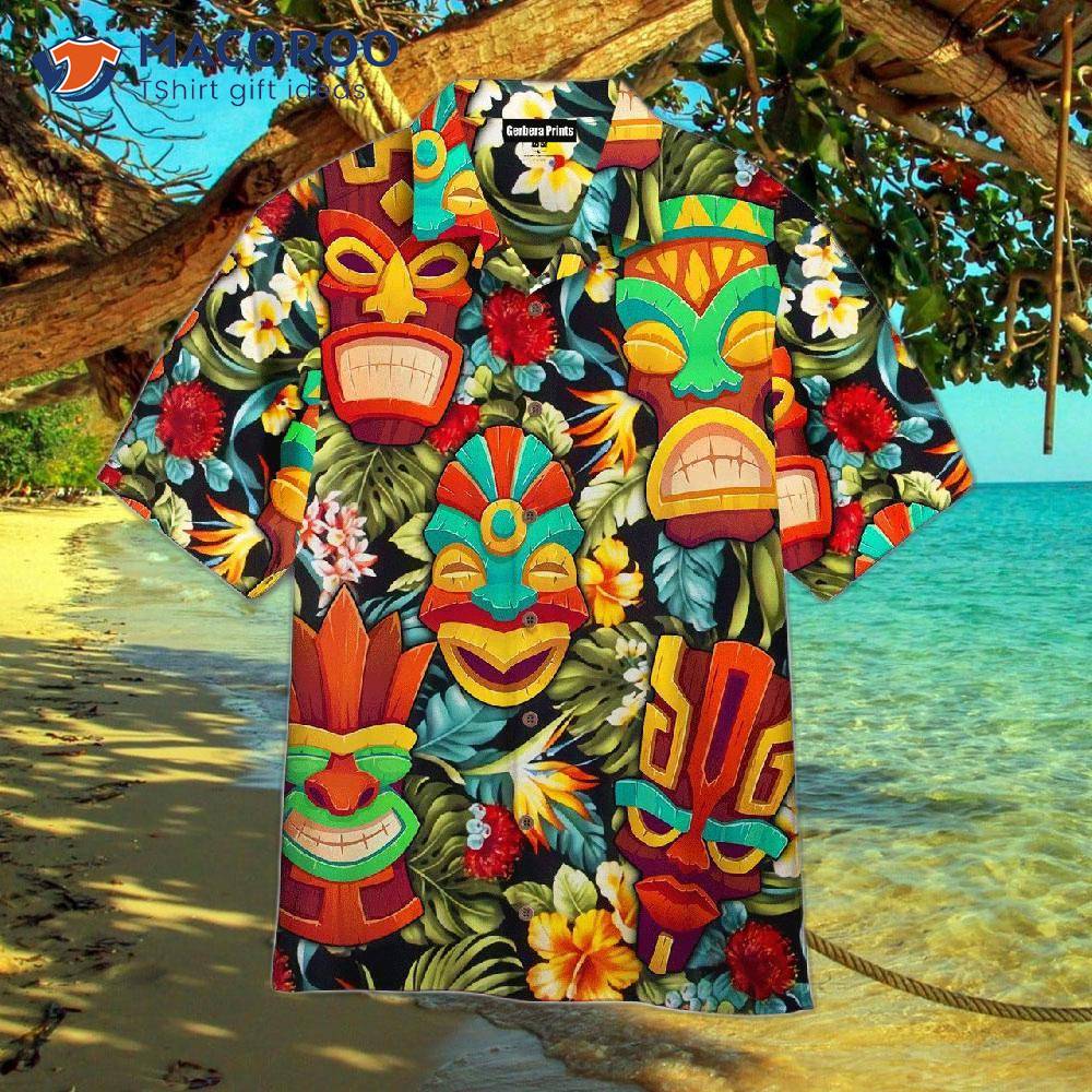 Tiki Head With Colorful Tropical Leaves And Hawaiian Shirts