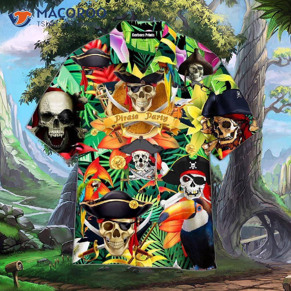Tropical Pirate Skulls Make Legends In A Black Hawaiian Shirt