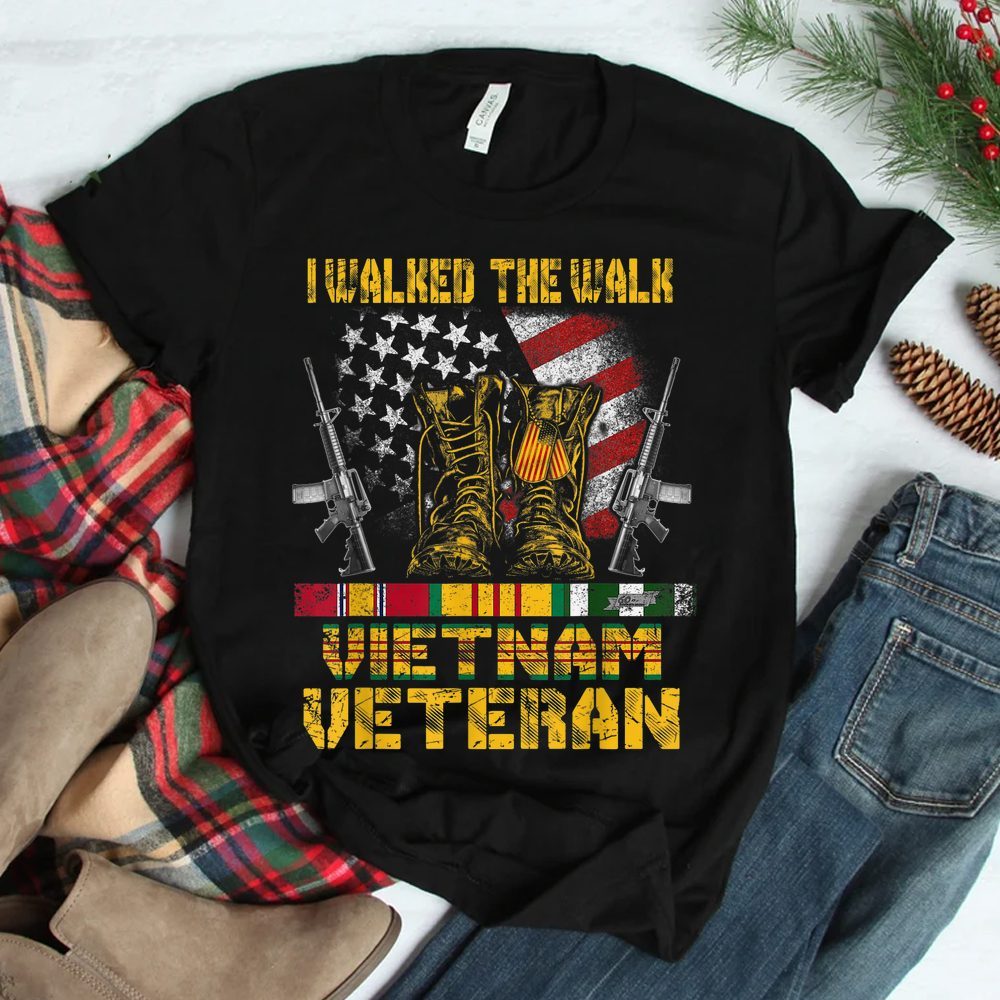 Vietnam Veteran With Us Flag With Combat Boots Patriotic Shirt