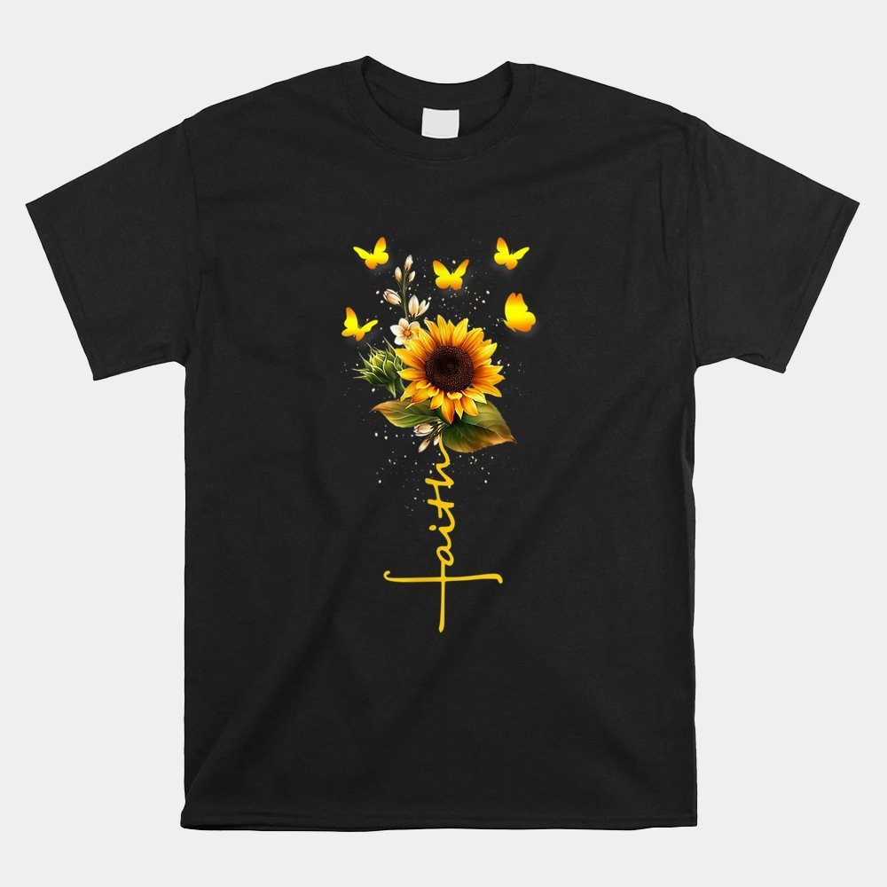 Vintage Faith Cross Sunflower Butterflies Flowers Christians Shirt