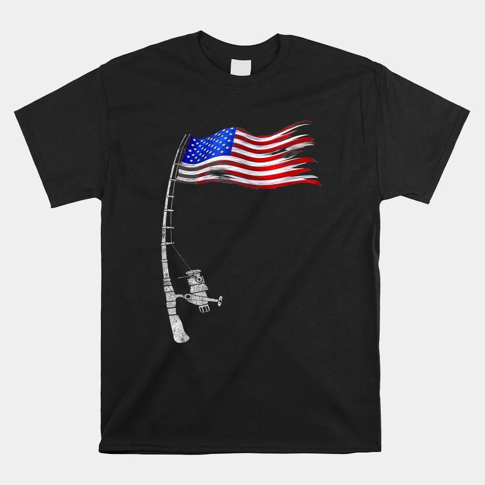 Vintage Fishing Rod American Flag Funny Fishing Shirt