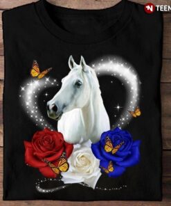 White Horse Shirt, White Horse With Butterflies And Roses