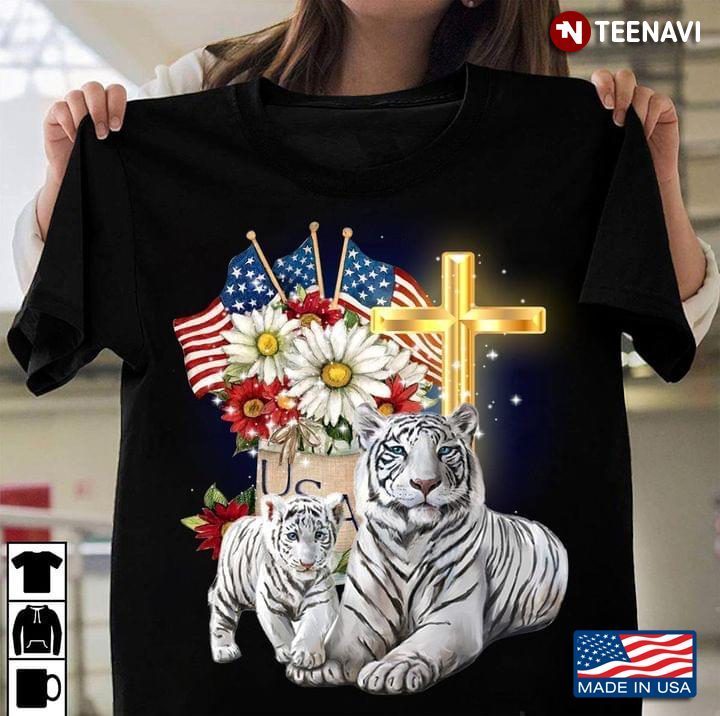 White Tiger Mom and Baby Christian USA Flag Happy Independence DayShirt