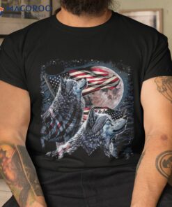 Wolf 4th Of July American Flag Howling Wolves Under Moon Shirt