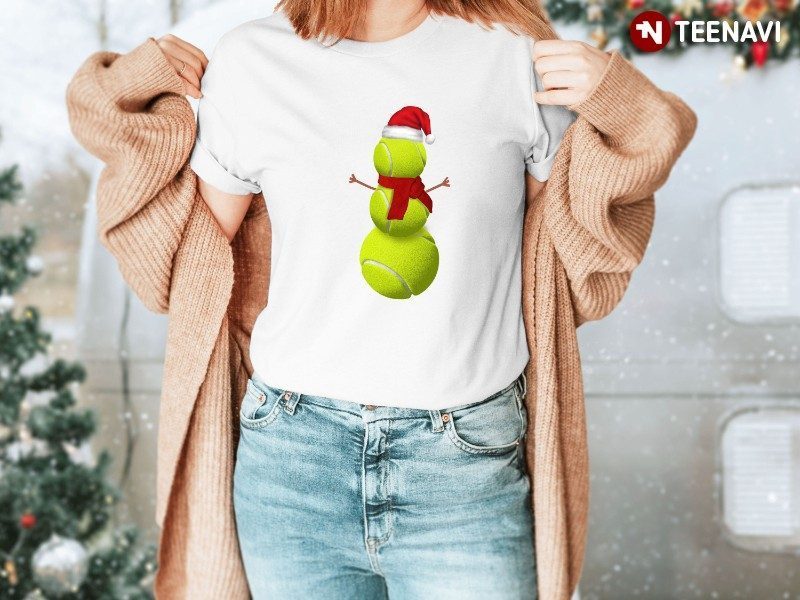 Xmas Tennis Party Shirt, Tennis Ball Snowman With Santa Hat