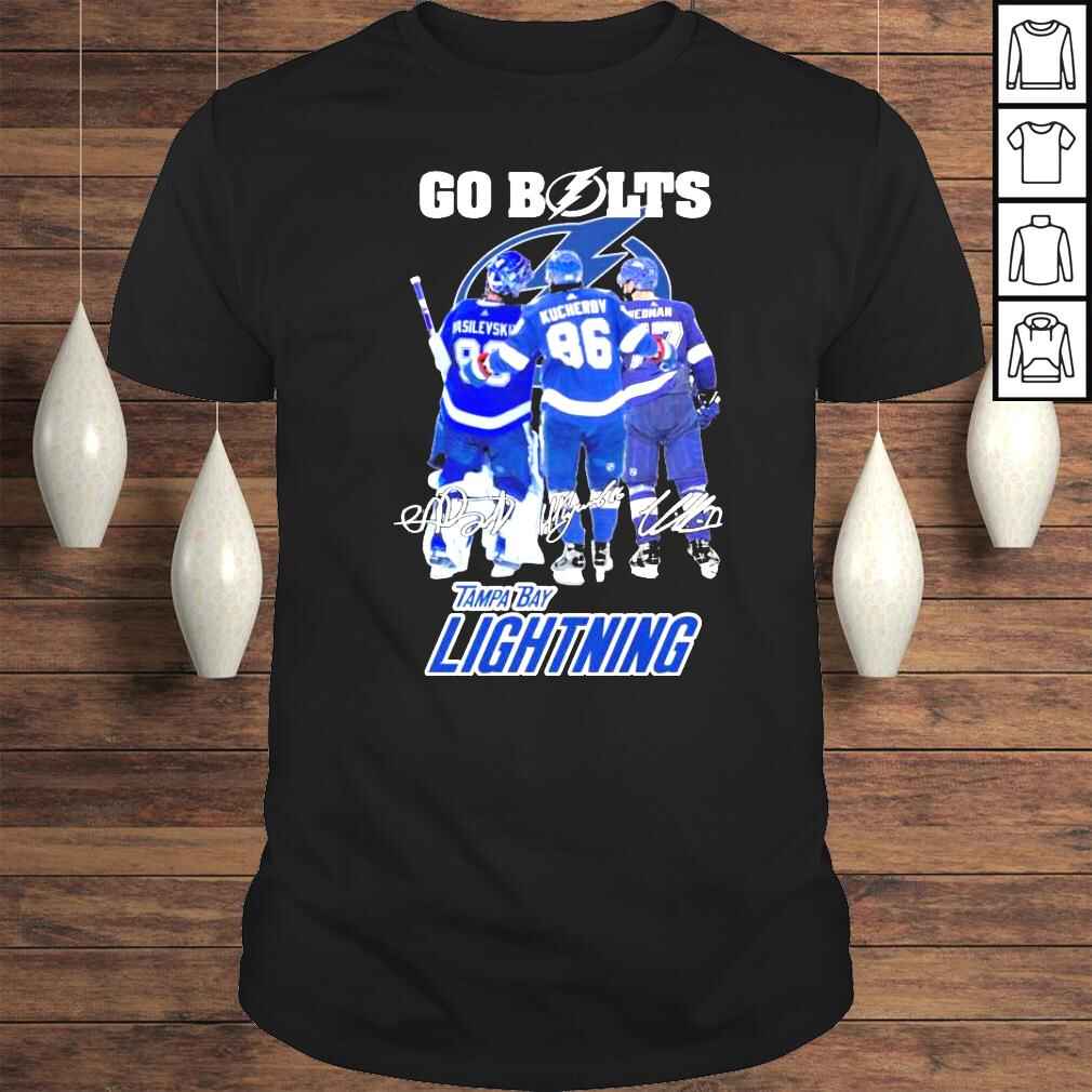 Go Bolts Andrei Vasilevskiy Nikita Kucherov And Victor Hedman Tampa Bay Lightning Signautres Shirt