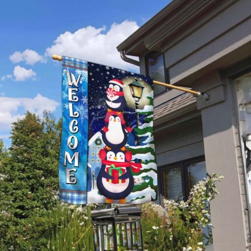 Penguins Christmas Welcome Flag