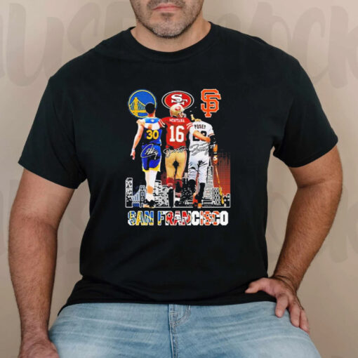 San francisco sports stephen curry Joe Montana and buster posey signatures skyline 2023 T-shirts