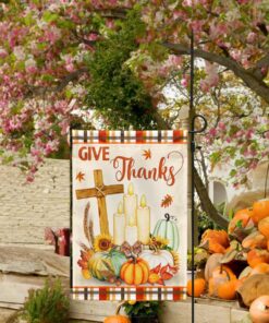 Thanksgiving Fall Flag Give Thanks Jesus Christ Cross Pumpkins Thanksgiving Flag