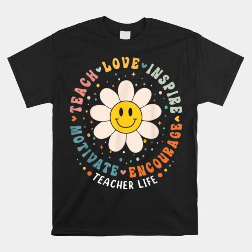 Back To School Teach Love Inspire Retro Teacher Daisy Flower Shirt