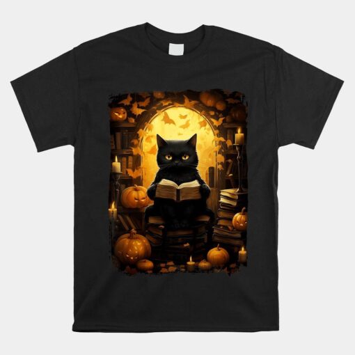 Black Cat Reading Books Pumpkin Autumn Teachers Halloween Shirt