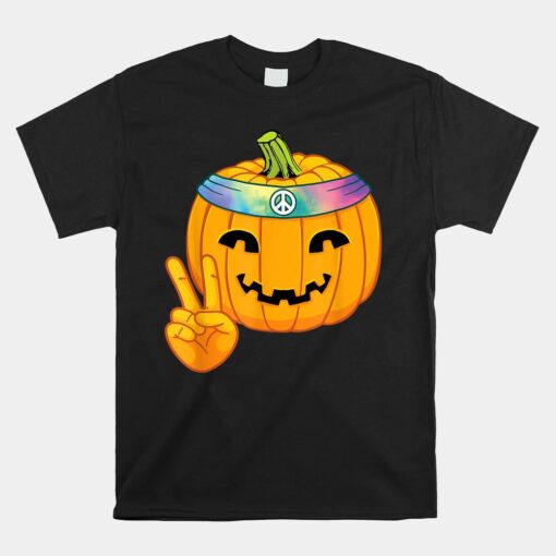 Hippie Halloween Pumpkin Peace Sign Hand Headband Tie Dye Shirt