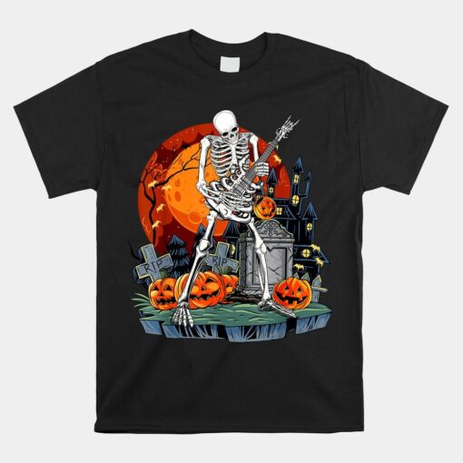 Skeleton Playing Rock On Guitar Happy Halloween Pumpkin Moon Shirt