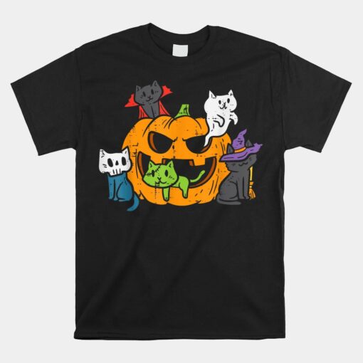 Vampire Ghost Zombie Witch Cats In Pumpkin Halloween Shirt