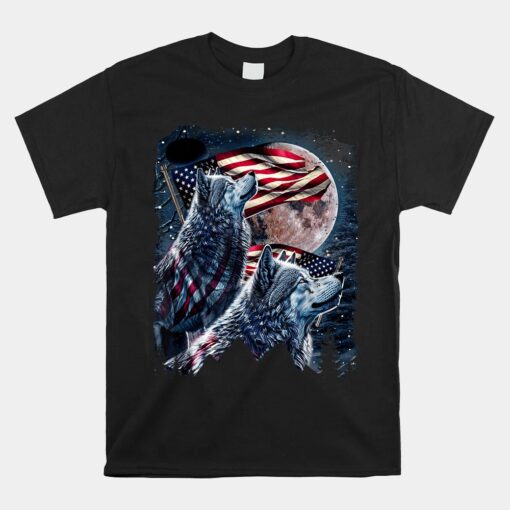 Wolf American Flag Howling Wolves Under Moon Shirt