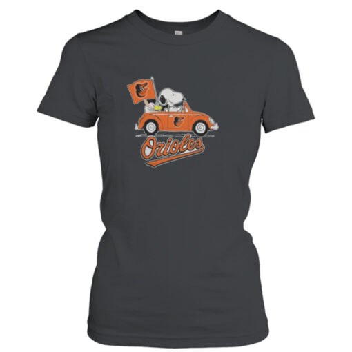 Peanuts Snoopy And Woodstock Baltimore Orioles On Car T-Shirt Hoodie